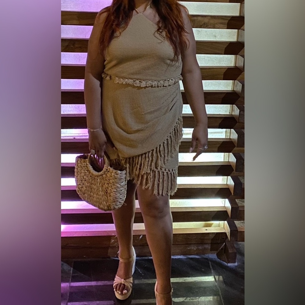 Fashion Nova Camel Waffle-Knit outfit with Tassel Detail SET